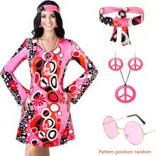 6pcs 70s Retro Hippie Set With Necklace And Earrings Vintage Set For Girls And Women(Pattern Position Is Random)For Christmas Parties, Carnival Partiesparty Dressing Up,Pink,Holiday Gift,Partywear,Elegant Outfit,Floral,Bachelorette Party,Vintage, New Year Party, Going Out Outfit Halloween