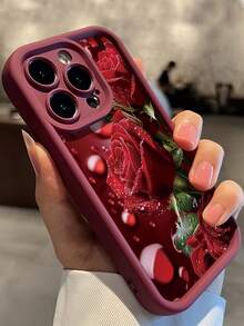 Flower 1pc Wine Red Teardrop Rose Full Coverage TPU Shockproof Phone Case, Compatible With IPhone 16/15/14/13/12/11 Pro Max, Series Waterproof Anti-Fall Scratch Resistant,International Version, Not The Domestic Version - Multicolor - View 2