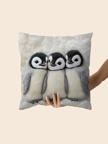 1pc -Super Soft Short Plush 45x45 Cm Throw Pillow Cover With Adorable Youngsters Emperor Penguin Chicks Design, Fluffy White Polyester, Zip Closure - Ideal For Sofas, Beds, And Farmhouses (Pillow Not Included), Sofa Accessory Vintage Style Pillow Soft Texture - Multicolor - View 5