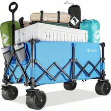 VILLEY Extended Collapsible Foldable Wagon With 330LBS Weight Capacity, 220L Heavy Duty Folding Utility Garden Cart With Big All-Terrain Beach Wheels With Brake & Drink Holders, Blue - Blue - View 9