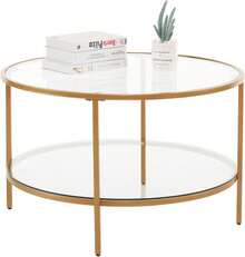 Glass Coffee Table,30" Round Coffee Table Gold Coffee Tables For Living Room,2-Tier Glass Top Coffee Table With Storage Clear Coffee Table,Simple & Modern Center Table Mesa De Centro Para Sala - Clear-matte Gold - View 8