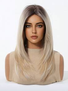 渐变金色假发，中长发，无刘海，耐热合成发，柔软，逼真，透气，适合初学者，适合女性派对、日常通勤、节日、旅游，16 英寸