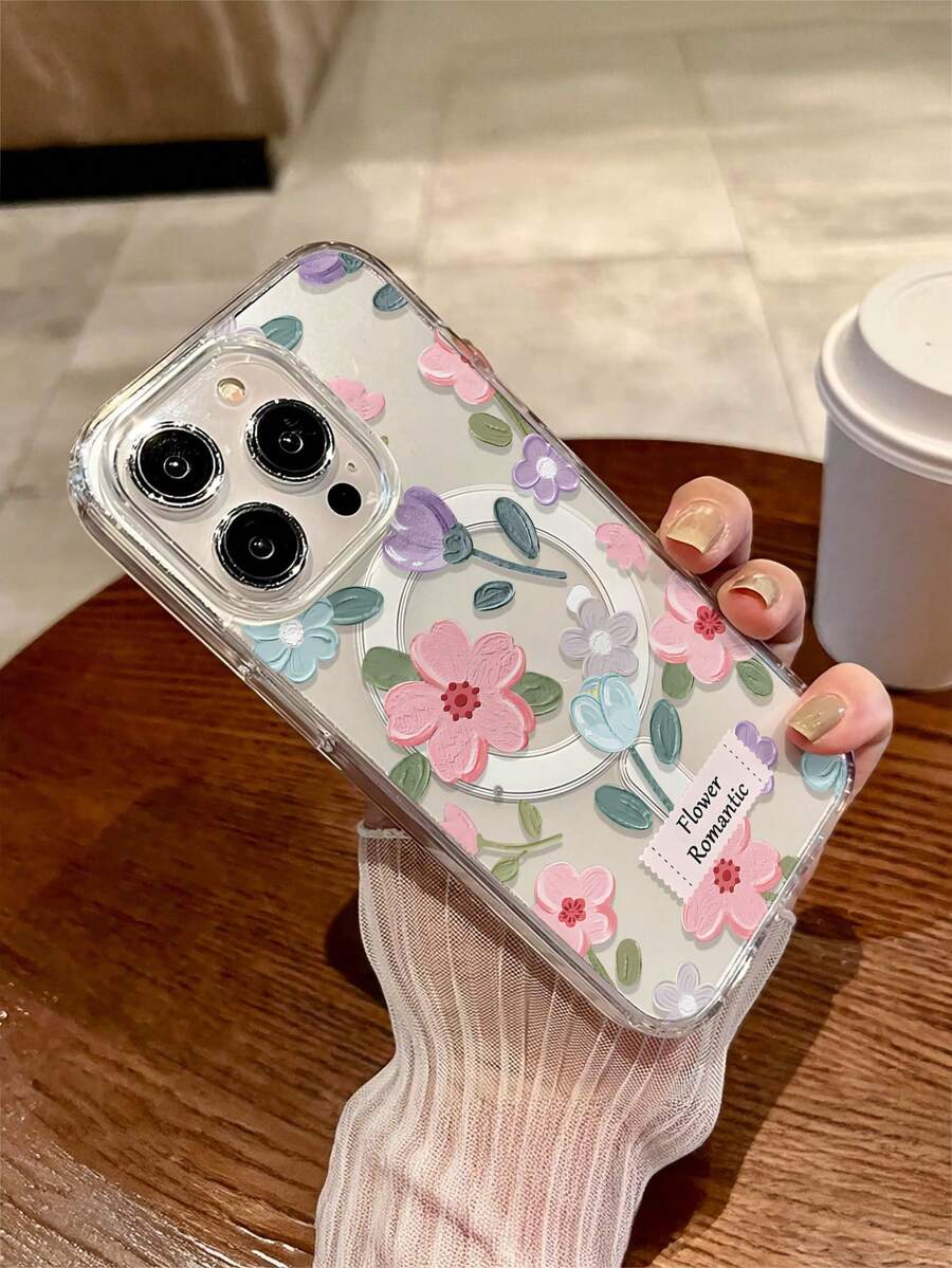 1 pièce Étui de téléphone portable transparent anti-chute avec charge sans fil magnétique, design de peinture à l'huile florale, matériau doux+dur, convient comme cadeau de fête pour 15 16pro/Promax/14 15 16plus, résistant aux empreintes digitales et aux rayures, brillant et transparent, unisexe - Transparent - Voir 1