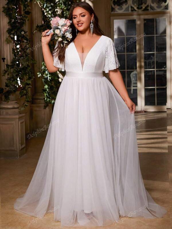 Plus-size dames V-hals geplooide kant patchwork lichte zeemeerminstaart maxi-jurken formele galajurken voor evenementen en avonden