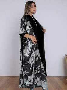 One Piece Women's Shiny Batwing Satin Open Kimono Abaya Muslim Kaftan Dress Islam Clothing For Party Holiday - Black - View 2