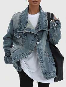 GLOURI Women's Loose Fit Jean Jacket - Asymmetric Slant Placket W/ Multiple Pockets | Long Sleeve Vintage Blue Jean Coat For Streetwear (Winter /Autumn 2025 Fashion) - 藍色 - 查看 3
