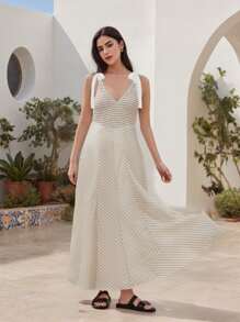 Women Slip Dress, Sleeveless V-Neck Stripes Dress Tie-Up Summer Long Dress For Daily Party