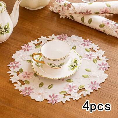 4pcs/Set Embroidered Hollow-Out Linen Placemats, Pink Floral Embroidery Design Placemats, Suitable For Daily Use, Wedding, Party Decor, Heat-Resistant