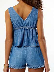 Women Denim Outfit Solid Deep V Neck Tie Front Tank Tops Elastic Waist Ruffle Shorts 2 Piece Summer Set - Light Blue - View 2