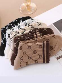 5 Pairs Women's Striped Letter Pattern Socks, Multi-Color, Elegant Retro Style Fashionable Versatile Sports Socks, Spring/Summer