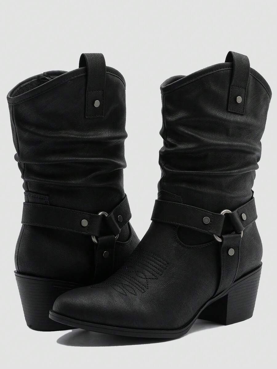 GLOBALWIN Women's Mid Calf The Western Cowgirl Boots Fashion Cowboy Boots For Women Chunky Low Heel Fall Boots Halloween Season - 19yy17 Black2 - 查看 1