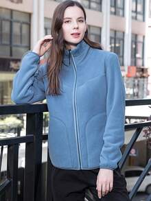 双面女士抓绒外套，380克加厚保暖羊羔绒面料，多功能休闲户外徒步露营城市通勤运动服，秋冬季滑雪适用 - 霧霾藍 - 查看 5