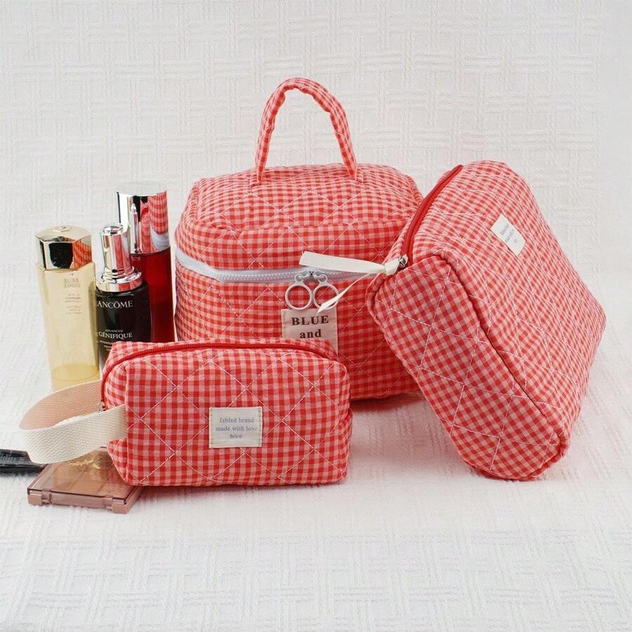 3pcs Red Plaid Makeup Bag Set, Large Capacity Cosmetic Organizer Pouch, Quilted Toiletry Bag,Back To School,Bedroom Room Decor,Back To School - Red - View 1