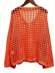 Plus Size Women Spring/Summer Solid Color Hollow Knitted Loose Oversize Casual Beach Holiday Cover Up - Orange Red - View 4