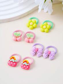 50pcs/Set Random Mix Color & Design Bow Elastic Hair Bands, Cute Flower Vegetable Fruit Strawberry Hair Accessories, Suitable For Girls Daily Use