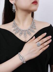 4pcs/Set Silver Color Cubic Zirconia Luxury Necklace, Earrings, Bracelet, Open Ring Party Jewelry Set For Women, Wedding & Banquet Wear
