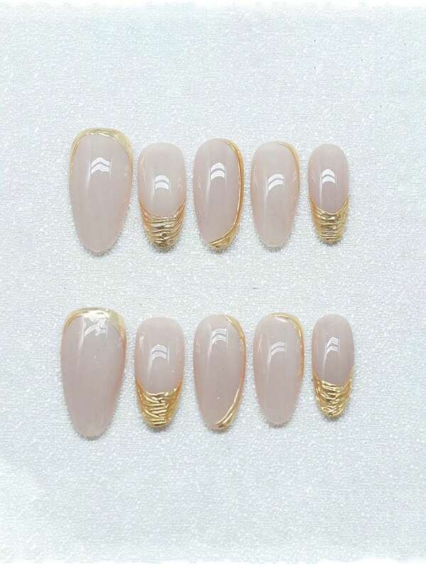 10PCS French Press On Nails Short Almond Nails, Summer Nails, Nail Supplies, Short Nails, Simple, Home DIY Nail Design Full Coverage Fake Nail Tips Artifical Fingernails For Women And Girls Manicure Supplies Office Daily Wear False Nails, Purely Hand-We