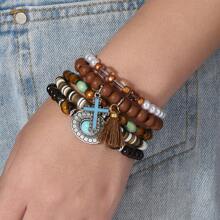 Set de 5 pulseras de mujer con estilo bohemio - Colgantes elegantes con cruz, flores y cuentas, accesorio de moda diario