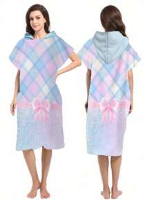 1pc Plaid Butterfly Print Hooded Cape/Robe - Super Soft Microfiber Butterfly Pattern, Suitable As Gift For Boys, Girls, Couples - Beach & Home Decor, Couples Shawl | Microfiber Bathrobe, Suitable For All Occasions Back To School - Multicolor - View 3