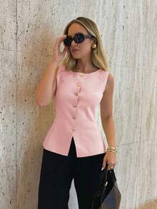 Vintage Chic Fashionable Elegant Metal Button Open Front Solid Color Sleeveless Round Crew Neck Business Jacket Work Waistcoat Slim Modest Minimalana Casual Top Tank Knit Vest Sweater For Women - 粉色 - 查看 2