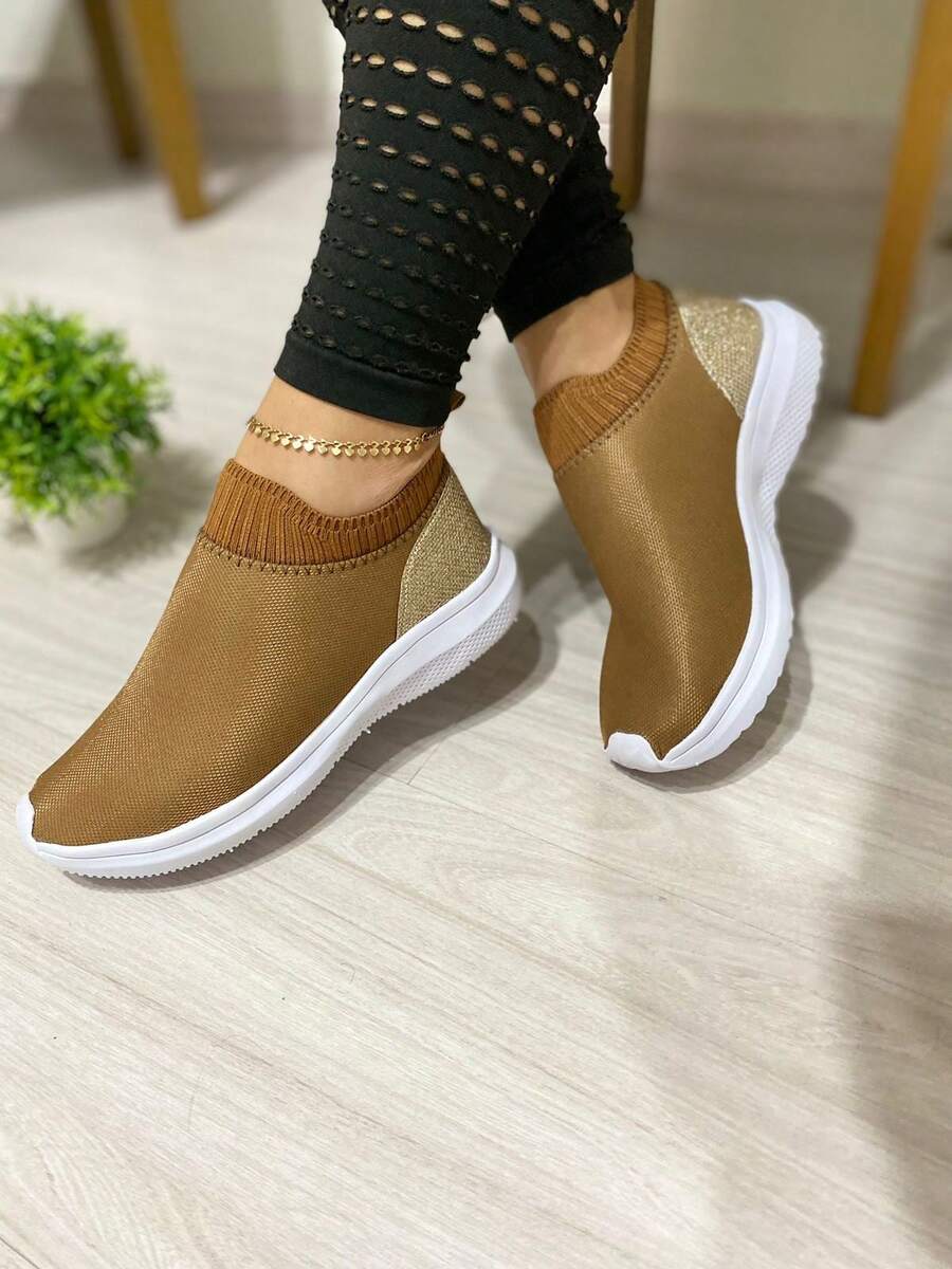 Women's Sneakers Easy-On Slip-On Flats Lightweight Breathable Lightweight Walking Gym Casual Work Simple Casual Geometric Fabric Vacation - 閃光/焦糖色 - 查看 1