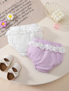 Summer Baby Girls White Lace Solid Color Bloomer Shorts - Purple - View 3