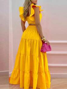 ZIAI Bộ đồ 2 món thời trang mùa hè 2025 mới dành cho nữ, gồm váy hai dây cạp trung, kiểu dáng xòe, họa tiết bắt mắt. - Màu vàng - Xem 6