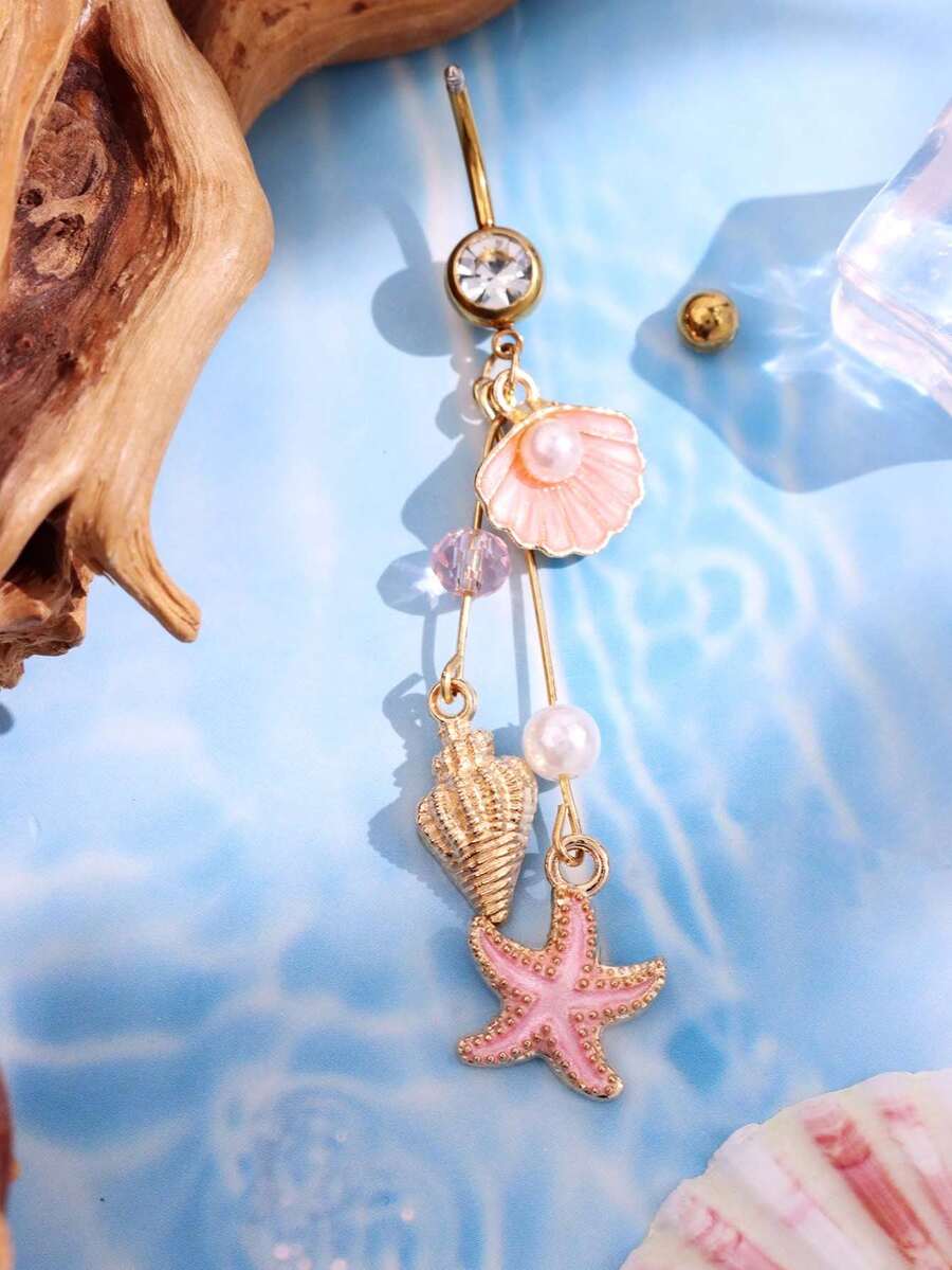 1pc Fashion Casual Elegant Sexy Beach Resort Ocean Style Shell, Starfish, Conch Pink Belly Button Rings Body Jewelry For Women, Suitable For Beach/Holiday - Multicolor - View 1