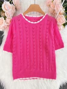 1 peça blusa feminina leve de verão, manga curta, vazada, floral, de malha, minimalista e respirável - Rosa rosa - Ver 1