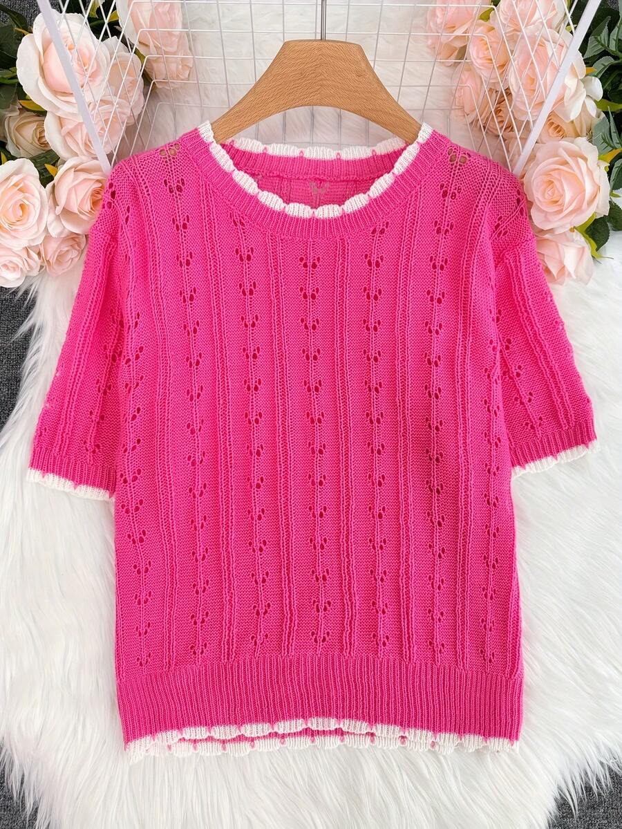 1 peça blusa feminina leve de verão, manga curta, vazada, floral, de malha, minimalista e respirável - Rosa rosa - Ver 1