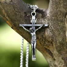 1pc Vintage Stainless Steel Jesus Cross Pendant With 60cm Chain, Suitable For Daily Wear For Men And Women