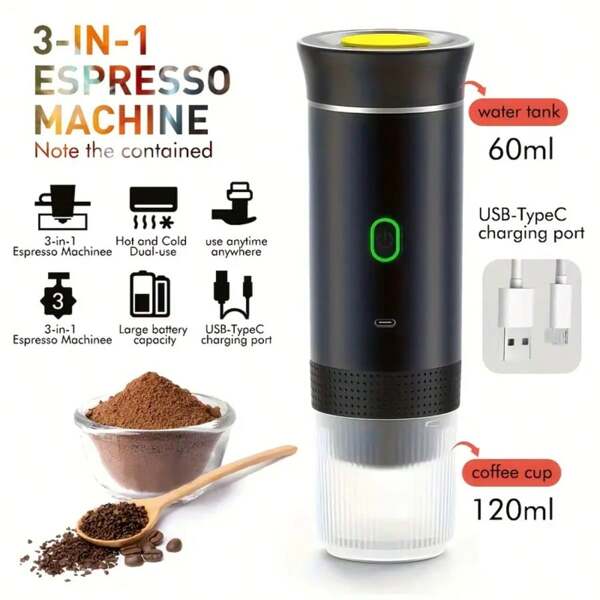 SOKANY Machine à espresso électrique portable, machine à café pour voyages, camping, voiture. Auto-chauffante avec connecteur Type-C. Préparation de café chaud et froid. Compatible avec le café moulu et en capsules. Pour camping-car, randonnée, bureau.