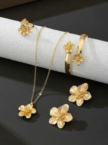 1 Conjunto Pulseira Floral Dourada de Luxo para Mulher, 1 Anel, 1 Colar, 1 Par de Brincos, Conjunto de Joias Estilo de Férias, Presente para Ela, Casais