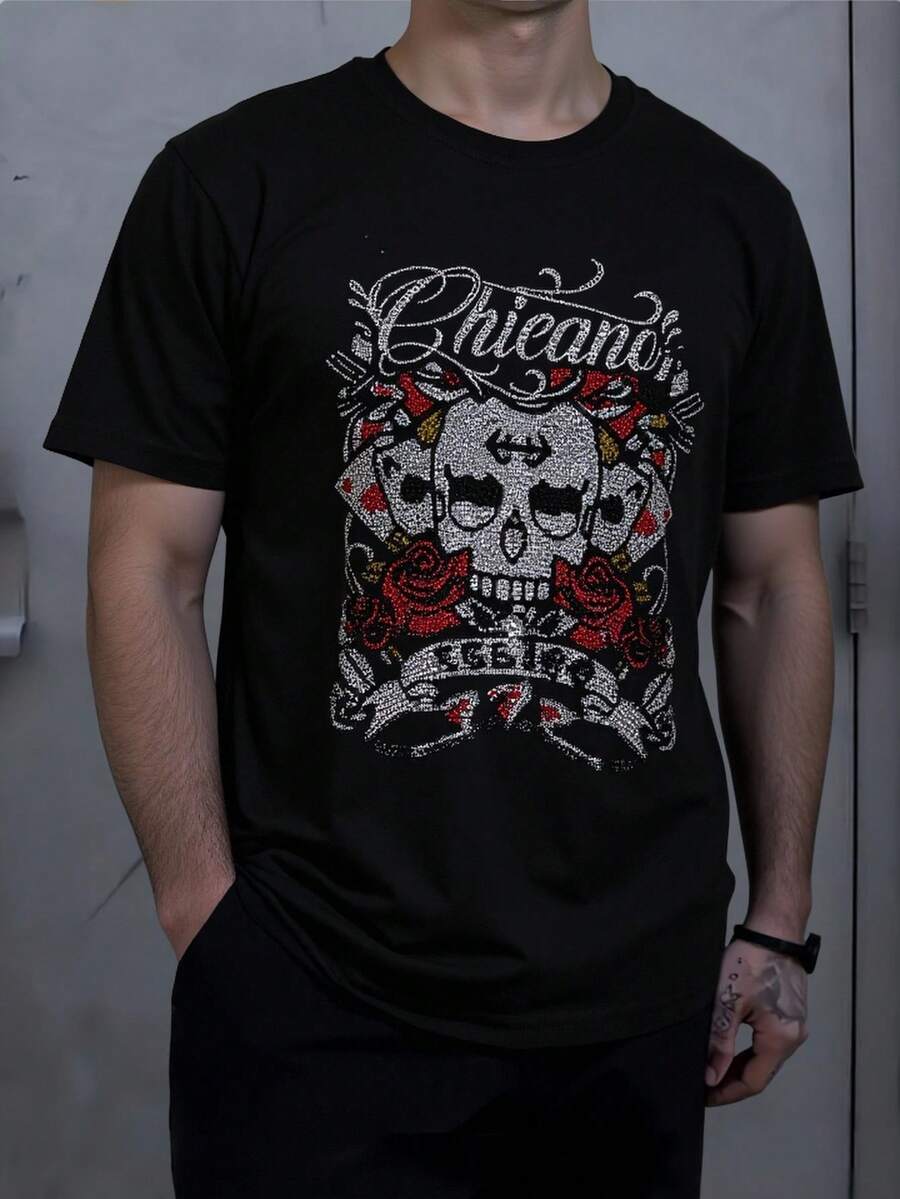 Camiseta de hombre de algodón con cuello redondo impreso transpirable, ideal para senderismo, fitness y verano - ropa cómoda, lavable a máquina, equipo de exterior - Negro - Ver 1