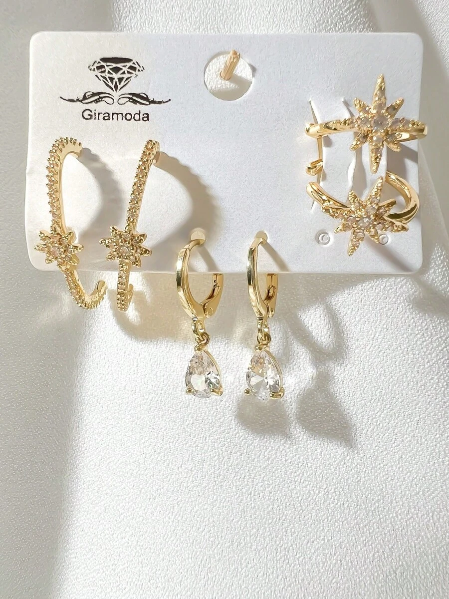 Kit Of 3 Earrings Studded With Zirconia Stone, Small Hoop, Heart Pendant, 18k Gold Plated And 925 Silver - 57 - 查看 1