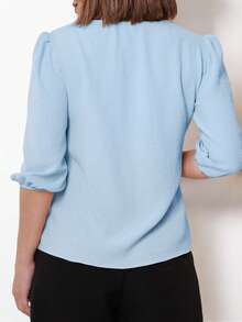V-Neck Blouse Women's Tops Simplicity Elegant Social Basic Duna Fabric 3/4 Sleeve Puff Sleeves - 淺藍色 - 查看 2