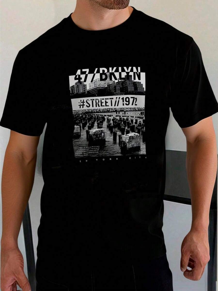 King T-shirt Playera negra para hombre con estampado gráfico urbano Brooklyn 47/BKLYN estilo New York City, diseño moderno de fotografía en blanco y negro con texto STREET 1972, inspiración callejera contemporánea, camiseta casual juvenil de moda masculina, ideal para uso diario o looks streetwear, cuello redondo clásico y manga corta, corte regular fit cómodo, suave al tacto, resistente y duradera, confeccionada con tela de alta calidad 100% algodón, perfecta para combinar con outfits urbanos, ropa con estilo artístico y moderno - Negro - Ver 1
