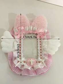 Portafoto in peluche fatto a mano con orecchie da coniglio bianco e rosa con pizzo, accessori kpop, forniture scolastiche, articoli per il ritorno a scuola