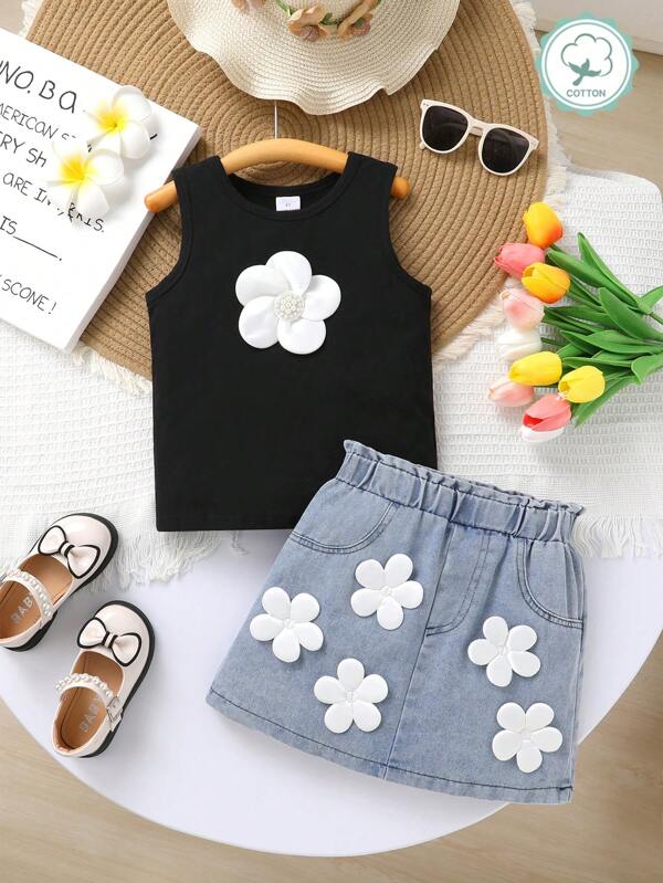 2pcs Elegant & Fashionable Baby Girls Outfits, Soft, Breathable, Comfortable, Knit Solid Color Sleeveless Top With 3D Floral Decor And Elastic Waist Blue Denim Skirt, Suitable For Vacation, Party, Casual And Daily Wear