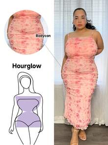 Hourglow Cardis.Ego Plus Size Ruffled Bodycon Dress With Floral Print And Spaghetti Straps, For Hourglass Body Shape, For Summer - Pink - View 2