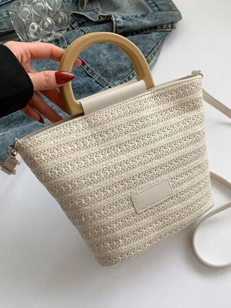 1 件编织草编托特包、时尚编织沙滩包、午餐包、长肩带通用编织包、女士休闲手提包、适合作为礼物、编织圆形提手包、女士小手提包、编织沙滩包、时尚休闲单肩包/斜挎包、日常手机包