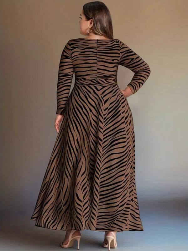 Plus Size Women Zebra Print Ruffle Crew Neck Long Sleeve Elegant Dress