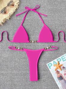 TASHEHE Women's Thong Bikini Set String Brazillian Two Piece Swimsuit Cute Bikini Bathing Suit - 玫紅色 - 查看 5