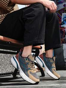 Plus Size Men's Casual Sneakers, Low-Top Rubber Sole Mesh Shoes, Fashion Street Style Breathable Training Shoes 2000s Style Valentine's Day Ideas - Khaki - View 2