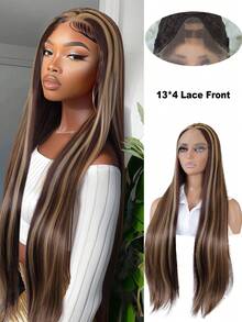 Peluca con frente de encaje sintético largo y liso de 13*4 pulgadas de color azul claro, peluca sin pegamento lista para usar, pelucas de encaje de cabello azul claro para mujeres para fiestas y cosplay - Multicolor - Ver 16