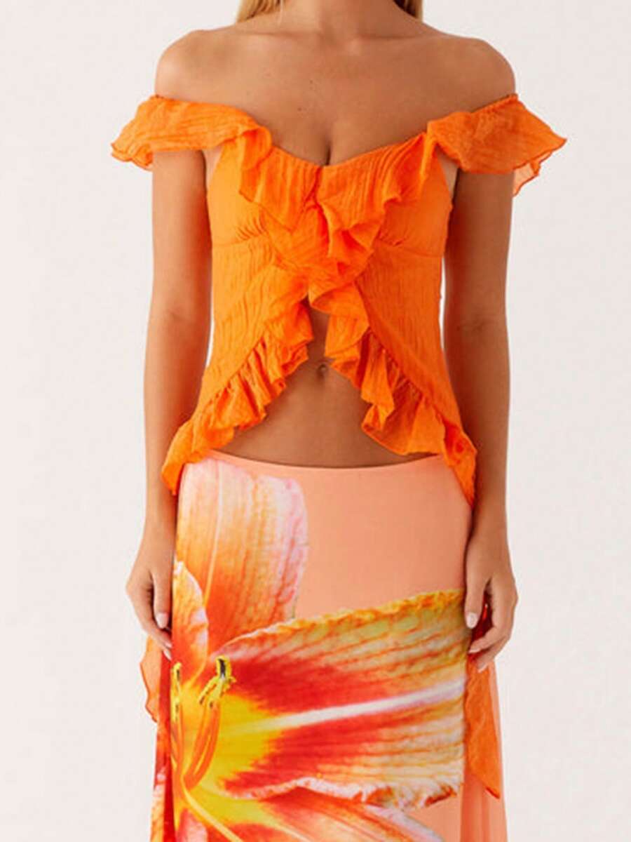 Women Off Shoulder Tops Ruffle Trim Solid Color Backless Showing Navel Shirts Summer Streetwear - Orange - View 1