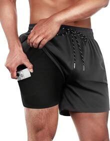 Mens Swim Trunks With Compression Lined Short Bathing Suits For Men 5 Inch Inseam Liner Men's Swimming Trunk - 深灰色 - 查看 1