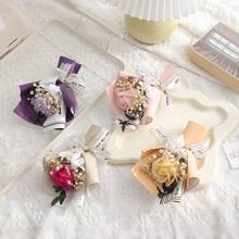 1pc Mini Artificial Flower Bouquet Includes 1pc Artificial Rose, Baby'S Breath And Rose, Wrapped In Paper, With Perfumed Soap Flower. Suitable For Mom, Girlfriend And Friend'S Birthday Or Anniversary Gift, Mother'S Day, Valentine'S Day, Wedding Favor, Home Or Desktop Decoration