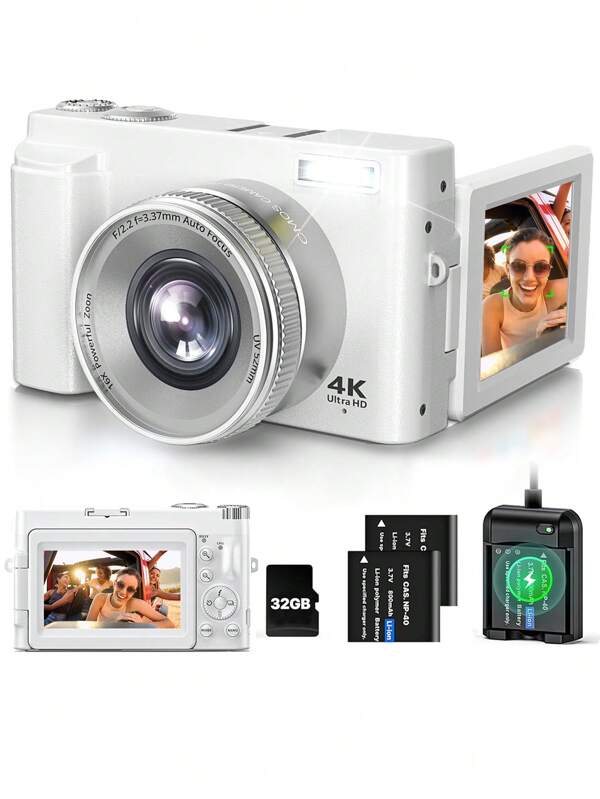 Nicamery Cámara digital 4K para fotografía con enfoque automático de 48MP, equipada con pantalla giratoria de 180° y 3", cámara para vlogging con estabilización 16X, adecuada para fotografía y video, incluye tarjeta SD de 32 G, 2 baterías y cargador de batería, cámara compacta