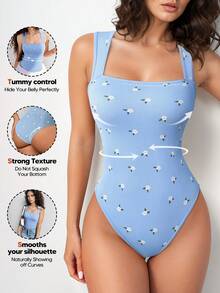 Women's Bodysuits Sexy Ribbed Strappy Square Neck Sleeveless Tummy Control Tank Tops Bodysuits